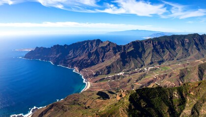 Majestic mountain range meets the deep blue sea under a vibrant azure sky landscape