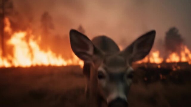 Deer reacting to a wildfire in a field. Climate change impact on wild animals and natural habitat destruction concept footage.