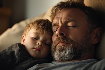 Mature father and small son resting together on the sofa indoors, enjoying quiet moments at home, emphasizing family connections and relaxation, Generative AI