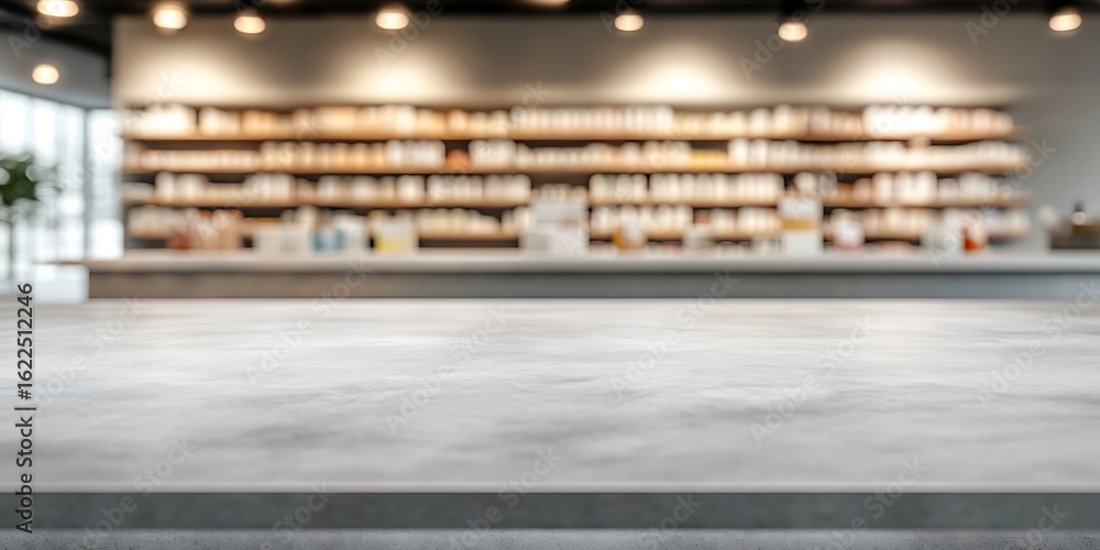 Poster gray countertop surface in the foreground with blurred shelves stocked with various items in the bac