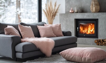 Grey sofa with pink pillows and a fur blanket placed near a freestanding fireplace. Hygge Scandinavian cozy home interior design for a modern living room, Generative AI