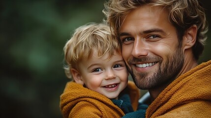 Smiling Father and Child in Cozy Orange Hoodies: Heartwarming Family Moment
