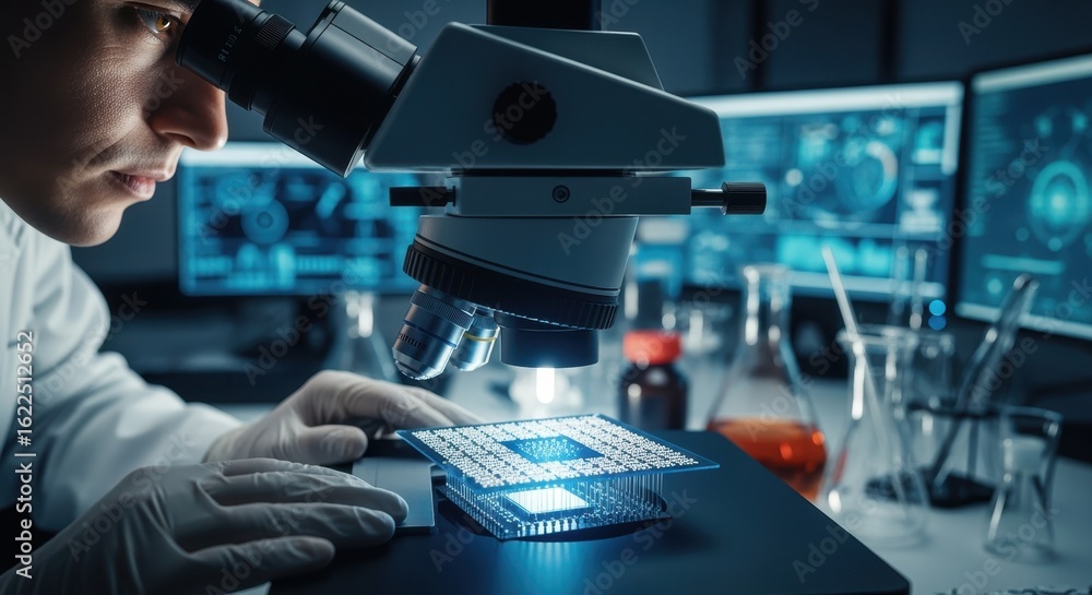 Poster laboratory technician inspecting a quantum chip package under a microscope focusing on nanoscale qub