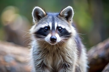 Naklejka premium Close-up Portrait of a Curious Young Raccoon, Soft Focus Background, Wildlife Photography