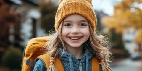 Outdoor portrait of a young girl with a beanie hat and backpack, excitedly heading to school, symbolizing childhood exploration and learning, Generative AI