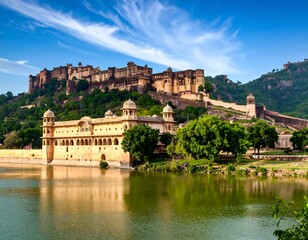 Obraz premium Majestic Nahargarh Fort and Jal Mahal reflecting in Mansagar Lake India landscape