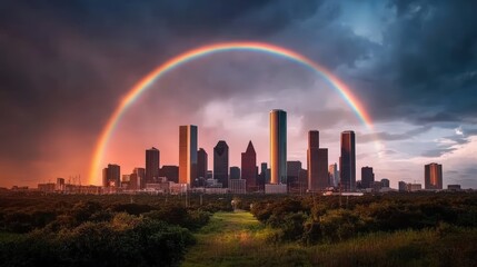 Fototapeta premium Breathtaking cityscape with a vibrant rainbow arching over tall skyscrapers under dramatic cloudy sky