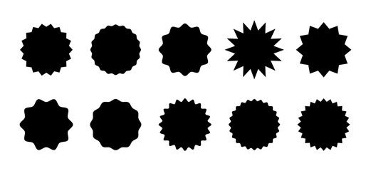 Set of black price sticker, sale or discount sticker, sunburst badges icon. Stars shape with different number of rays. Special offer price tag. Black starburst promotional badge set, shopping labels