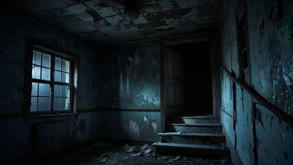Abandoned house in the dark in the tense and chilling atmosphere.