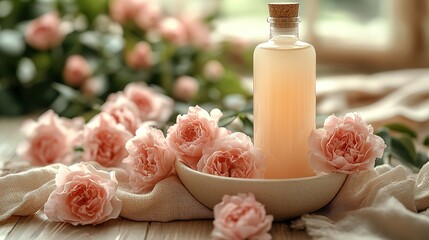 Aromatherapy Essential Oil Bottle with Pink Flowers and Linen Cloth on Wooden Surface