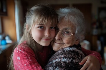 Teenage girl hugging her grandmother at home, showcasing the loving relationship between generations and the importance of family connections, Generative AI