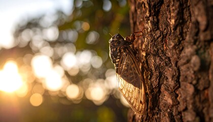 Cicada on Tree Trunk at Sunrise with Bokeh Background
