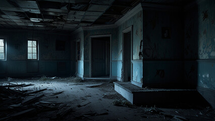 Fototapeta premium Abandoned house in the dark in the tense and chilling atmosphere.