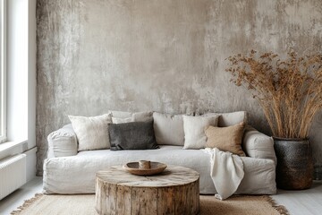 Grey sofa and rustic round coffee table positioned against a concrete wall. Wabi-sabi home interior design for a modern living room, Generative AI