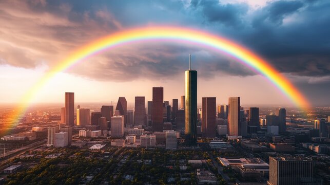 Modern city skyline at sunset with a vibrant rainbow arching across dark dramatic stormy clouds and clear sky