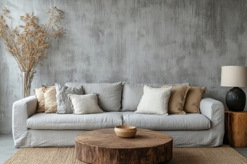 Grey sofa and rustic round coffee table positioned against a concrete wall. Wabi-sabi home interior design for a modern living room, Generative AI