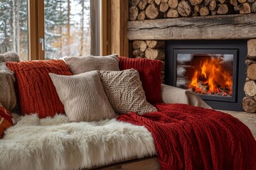 Rustic sofa with multiple pillows, knitted and fur blankets placed by a fireplace, evoking a warm and inviting autumn atmosphere. Farmhouse and Nordic home interior design for room, Generative AI