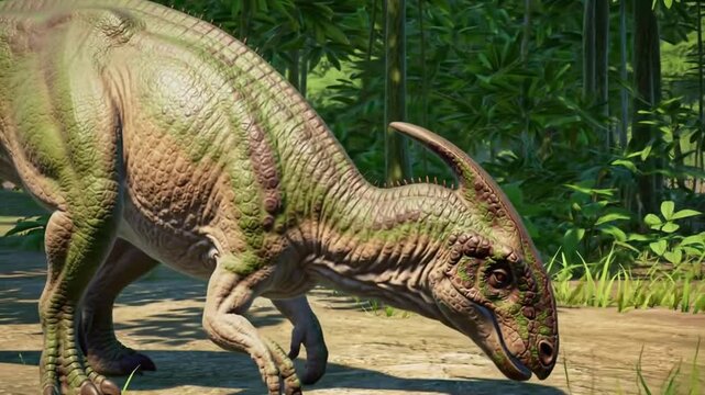 Herbivore Dinosaur Grazing Head Down with Green and Brown Skin in a Lush Green Environment Two Legged Reptile Animal in a Sunny Outdoor Wildlife Scenario