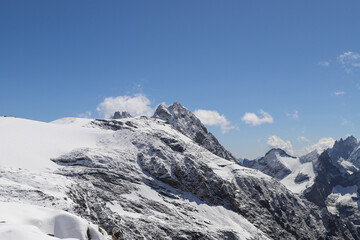 Les Deux Alpes. Mountain range of the French Alps. Snow-capped peaks. Perennial glaciers.
