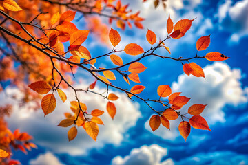 Vibrant orange autumn leaves on a tree branch against a bright blue sky with fluffy white clouds, capturing the essence of the fall season