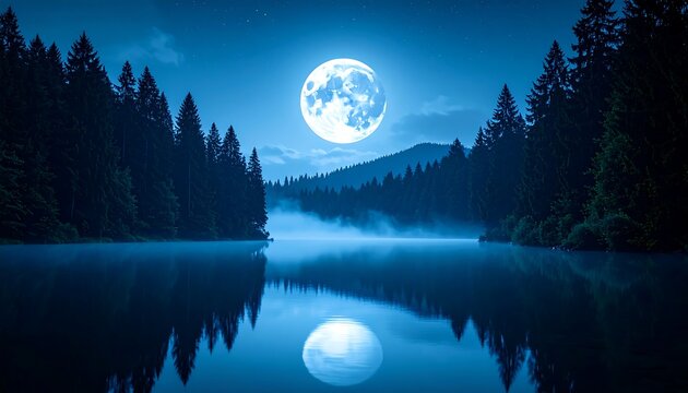 Full moon over misty lake reflecting in still water surrounded by dark forest