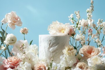 White stone pedestal with pastel flowers against soft blue sky in dreamy ethereal product display scene