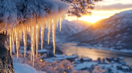 Icicles Hanging from Snow-Covered Tree Branch at Sunset with Mountainous Landscape in Background