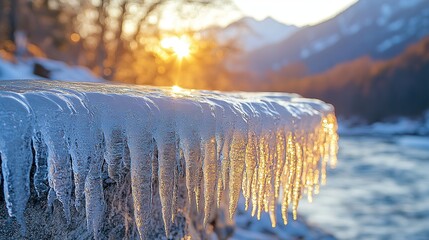 Icicles in Winter Landscape with Sunlight and Mountain Background