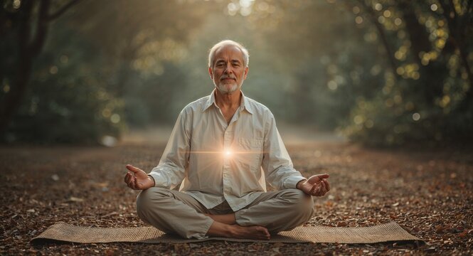 Older man meditating outdoors in a peaceful setting