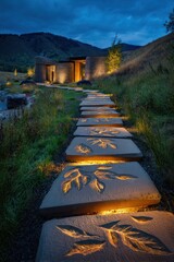 Illuminated stone pathway leads to a modern dwelling nestled in a grassy hillside