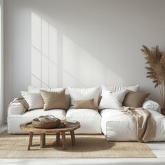 White sofa placed against a fireplace, reflecting minimalist home interior design for a modern living room in a villa in a forest, Generative AI