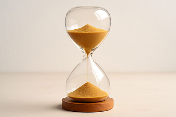 Hourglass with sand flowing through the narrow neck on a neutral background