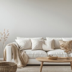 White sofa placed against a fireplace, reflecting minimalist home interior design for a modern living room in a villa in a forest, Generative AI