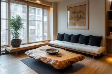 Wood coffee table placed near a white sofa with black pillows, positioned against a wall with a large poster frame. Japanese home interior design for a modern living room, Generative AI