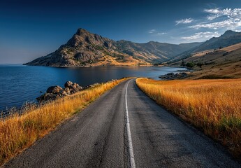 A lakeside landscape road, suitable for scenarios such as landscape design, urban planning concept renderings, material references, city promotion, and outdoor product backgrounds.
