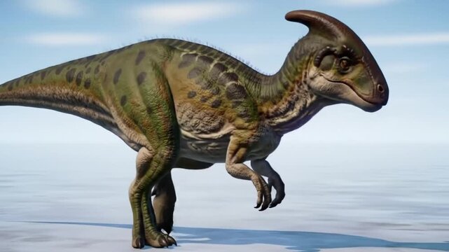 Parasaurolophus Dinosaur with Olive Green Spotted Skin Performing Circular Sniffing Walk Against a Light Blue Sky in Bright Daylight Full Body Profile