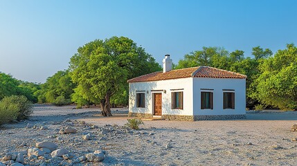 Small White Cottage with Red Tile Roof in Arid Landscape Surrounded by Green Trees