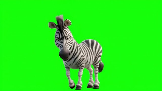 Friendly cartoon zebra character stands isolated on a green screen ready for animation and educational projects