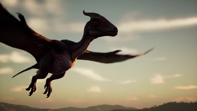 Pteranodon Dinosaur Hovering Against Gradient Sky with Warm Sunset Colors Fading Light and Distant Mountain Range Prehistoric Wildlife Ancient Reptile Pterodactyl