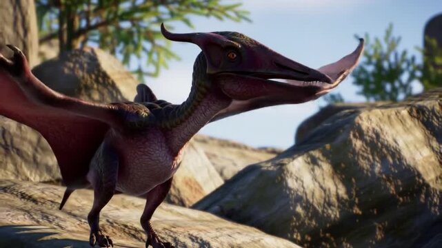 Pteranodon Perched Upright on Rocks with Partially Extended Wings in Natural Sunlight