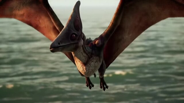 Pterosaur Diving Slightly and Returning to Level Flight over the Blue Ocean on a Sunny Sky Background with Sunlight illuminating Wings with Grey Brown and Orange Hues