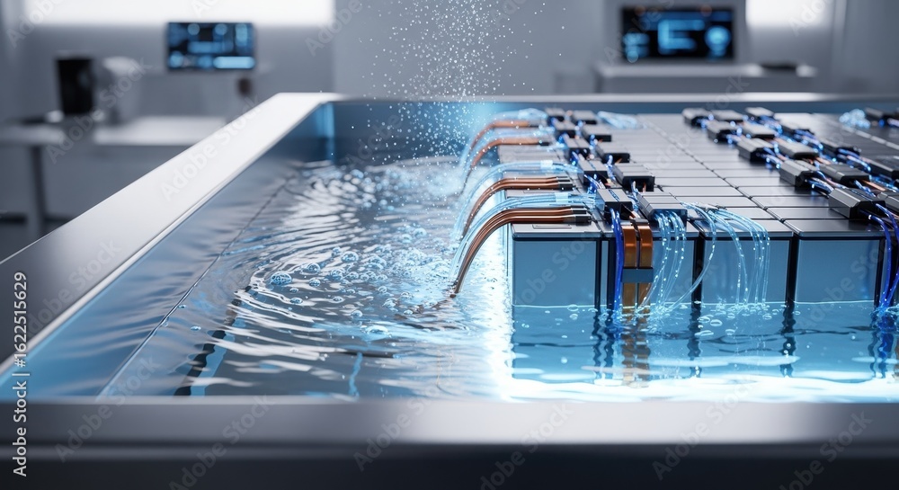 Aufkleber side view of a gridscale batterypack test basin filled with cooling liquid emphasizing cuttingedge t