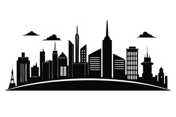 Fototapeta premium Minimalist Black Silhouette of Cityscape with Clouds, Skyscrapers, and Buildings on a Horizon View