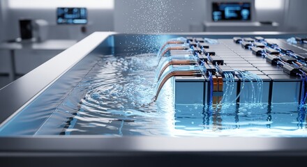 Side view of a gridscale batterypack test basin filled with cooling liquid emphasizing cuttingedge thermal management in sustainable energy tech.