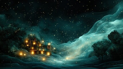 Fantasy Night Landscape with Starry Sky, Glowing Book Structure and Trees for Dreamy Design Projects