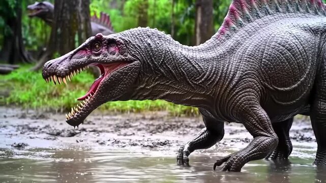 Roaring Spinosaurus with Neck Stretched Forward in Muddy Water with Lush Green Background Prehistoric Era Wildlife Paleontology