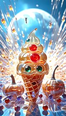 Spooky ghost character ice cream sundae for a Halloween treat. Whimsical Halloween Ice Cream Ghosts in a Dreamy Background