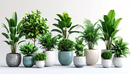 Obraz premium Indoor Tropical Plants in Decorative Pots on White Background