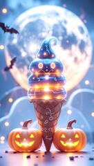 Spooky ghost character ice cream sundae for a Halloween treat. Spooky Ice Cream Cone Under Full Moon with Halloween Pumpkins and Bats