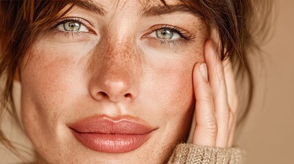 Close-up portrait of a fair-skinned woman with freckles and green eyes, smiling gently.